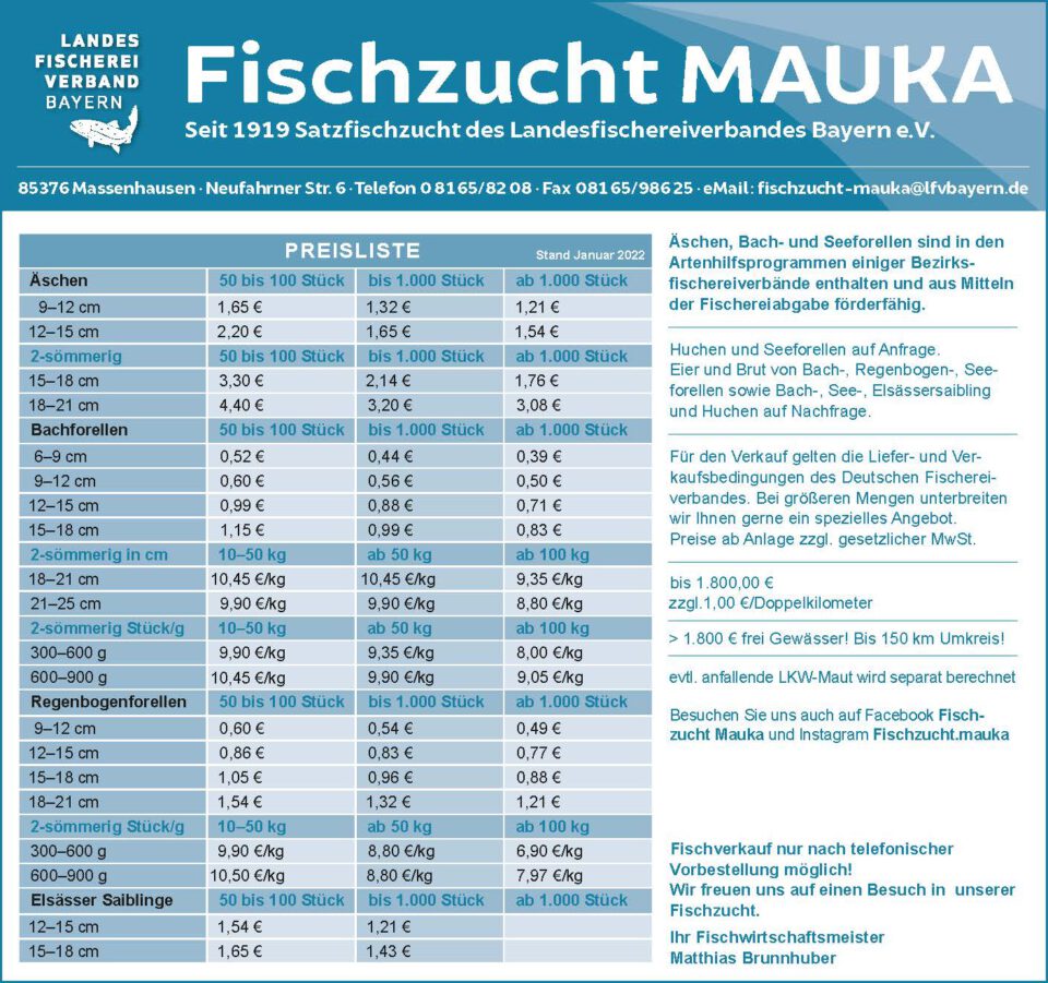 Preisliste Fischzucht Mauka - Landesfischereiverband Bayern